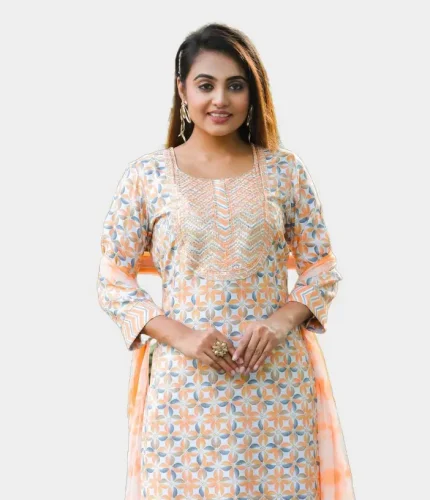 Ethnic Rayon Round Neck Printed Kurta and Pant with Tie-Dye Dupatta (Set of 3)